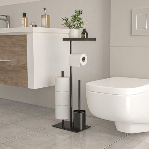 Toilettenpapierhalter stehend mit Bürste und Ablage, Klopapierhalter mit Klobürste, Laviva Edelstahl Schwarz Toilettenpapierhalter mit WC Bürste, Klorollenhalter stehend mit Toilettenbürste