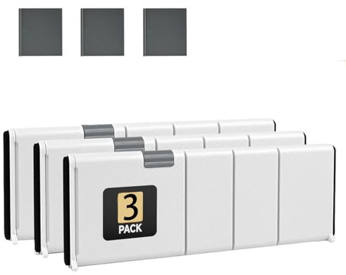 LMSAWK 3 Pezzi Divisori per Cassetti in Plastica Alti, Divisori Per Cassetti Regolabili, Separatori per Cassetti Espandibile, per Cucina, Cassettiera, Armadio, con 3 Schede a Innesto, Bianco