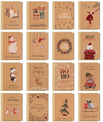 BOFUNX 16 Stück Weihnachtskarten mit Umschlag Set Weihnachtspostkarten Grußkarten Frohe Weihnachten Karte Weihnachtsgrußkarten für Kinder Familie Freunde