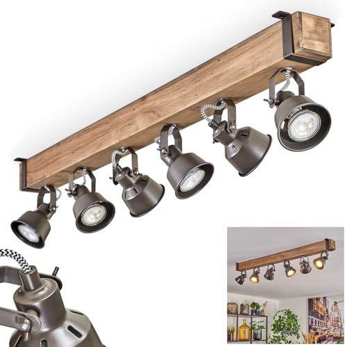 HOFSTEIN Deckenleuchte Pehefito, 6-flammige Deckenlampe aus Metall/Holz in Grau/Natur, verstellbare Leuchte im Industrial/Retro/Vintage-Design mit Holzbalken, GU10, Esszimmer, Wohnzimmer, Küche, Flur