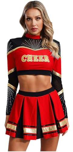 Agoky Damen Cheer Kostüm Cheerleading Uniform Langarm Shirt und Faltenrock mit Buchstaben Streifen Karneval Fasching Party Verkleidung Rot M