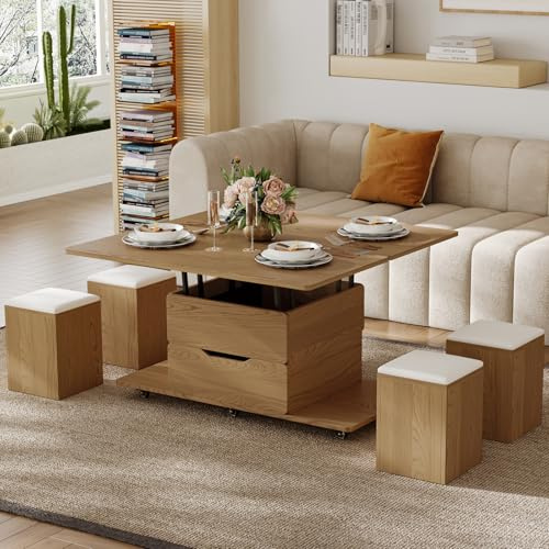 Homary Table Basse Relevable en Bois avec 4 Chaises Cachées Moelleuses, Tournante Hydraulique, Mode Bureau Salle à Manger, Rangement Intégré, Meuble Moderne Multi-Fonction Claire