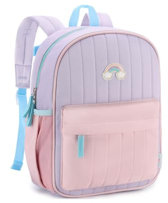 VASCHY Toddler Girls Backpack, Kids' Small Lightweight Quilted School Bag Color-blocked Bookbag for Kindergarten Children Light Purple Pink