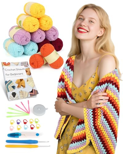 Aeelike Granny Square Shawl Häkelset für Anfänger, Häkelnadel Set mit Häkelnadeln 3,5mm 4,0mm, Häkelgarn, Zubehör, Häkel Set mit Schritt-für-Schritt-Anleitung