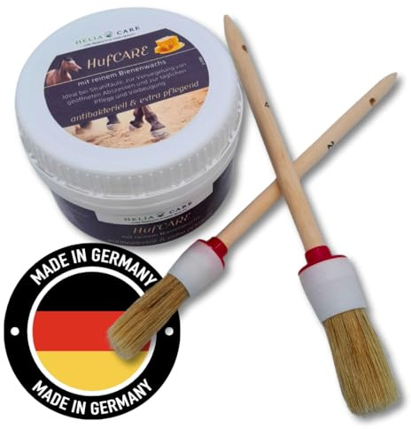 HeliaCARE HoofCARE Bio Set - 350ml Hufsalbe mit 2 Pinsel - Natürliche Hufpflege mit Bienenwachs - Hufbalsam gegen Strahlfäule & Risse - Antibakterielle Hufpflege Salbe - Huföl aus Deutschland