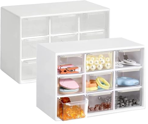 Zyiphor 2 Piezas Cajoneras Plastico Almacenaje con 9 Cajones Pequeñas Caja de Almacenamiento de Escritorio Transparente Cajones Extraíbles Organizador para Almacenar Cosméticos Joyería