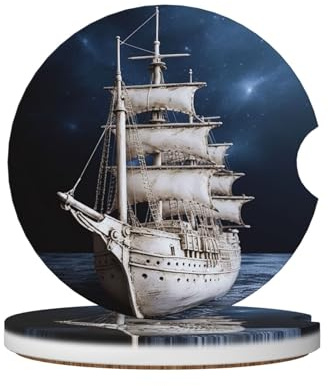 Confezione da 2 sottobicchieri in ceramica per auto, vintage, nautici, nave bianca, sottobicchieri, antiscivolo, assorbenti, accessori universali per interni auto, per donne e uomini, 6 cm