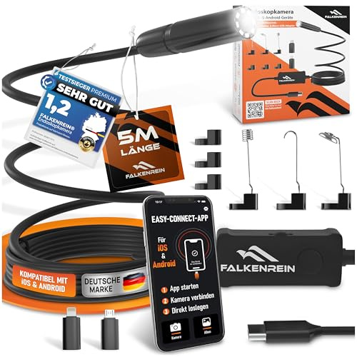 FALKENREIN® Smart Inspect Set - Premium-Endoskopkamera mit Licht, 1920P HD | Kompatibel mit iOS und Android inkl. praktischem Zubehör | Für mühelose Inspektionen von Abfluss, KFZ, Wand & mehr