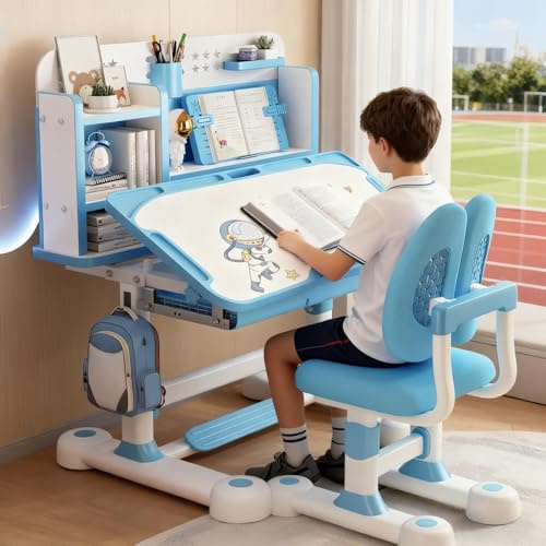 Höhenverstellbares Kinder Schreibtisch- und Stuhlset, mal- und abwischbarer Tischtop, 0-50° verstellbares Tischplattenpanel, offener Bücherregal und Schubladenspeicher für Kinderstudium (Blau)