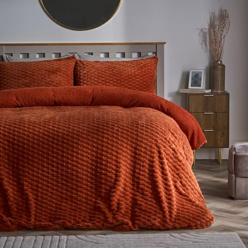 OHS Double Fleece Duvet Cover, Autumn Winter Luxury Waffle Fleece Bedding Super Soft Cosy Warm Sherpa Reversible Double Duvet Set with Matching Pillowcases, Rust
