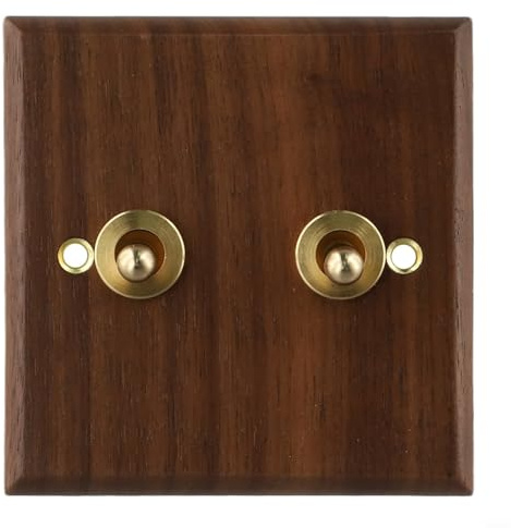 GANCEI Interruptor de luz retro basculante con placa de madera de nogal, palanca de latón (1 módulo 2 vías), 86 x 86 mm, cuadrado (2 módulos)