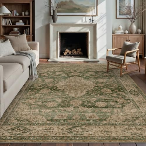 PureCozy Vintage Vardagsrum Matta 200x300cm Grön Tvättbar Golvmatta | Halkfri Stor Mattor,Sovrumsmatta,Kort Lugg Inomhusbruk Carpet,Matsal Rugs,Kontor Carpet,Barnrum