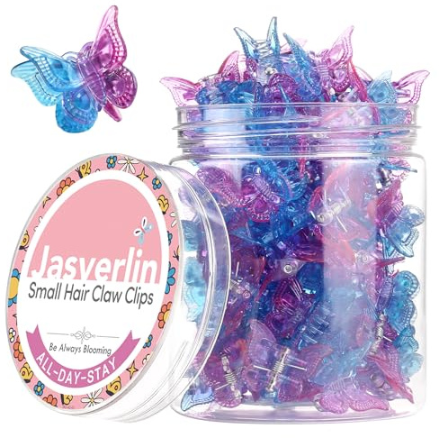 JASVERLIN 50 Stück Schmetterlings Haarspangen für Mädchen, 90er Haaraccessoires für Kinder Frauen, Mini Klammern, Y2K kleine süße Haarclips für Festivals, Raves lila-blau Farbverlauf (Dämmerungsdunst)