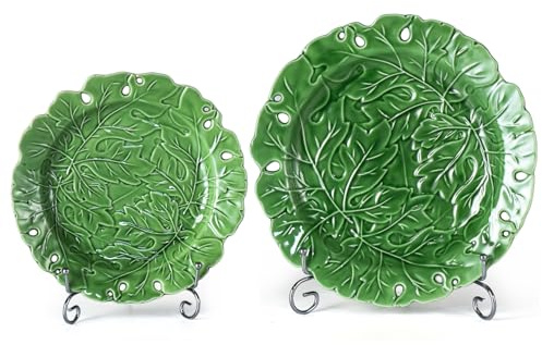 KAMMAK Ceramic Decorative Plate Set of 2, Porcelain Plates for Kitchen Dining Room Wine Cabinet Home Decor, Vintage Collector Plates with 2 Display Stand, Green Leaves (8-inch + 10-inch)