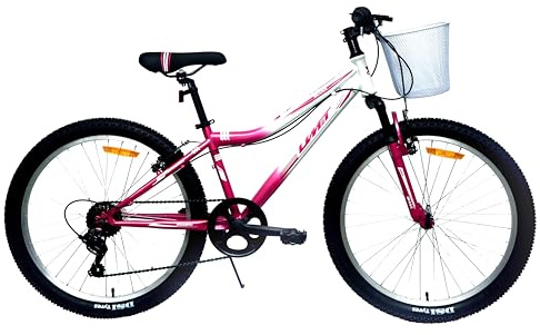 DEPORBIKES Bicicleta 24 Pulgadas niña 8-12 años | Bicicleta montaña + 7 Velocidades Shimano + Frenos V-Break + Suspensión Delantera | Resistente y Segura Ideal para niña (Rosa-Blanca)