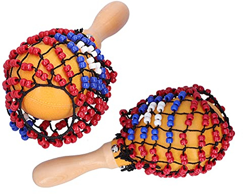 HaloVerde Handpercussion-Musikinstrument, 2er-Set mit hell klingendem Perlennetz für Partyspielzubehör, ein Tamburin-Sandhammer mit Ahornholzkörper