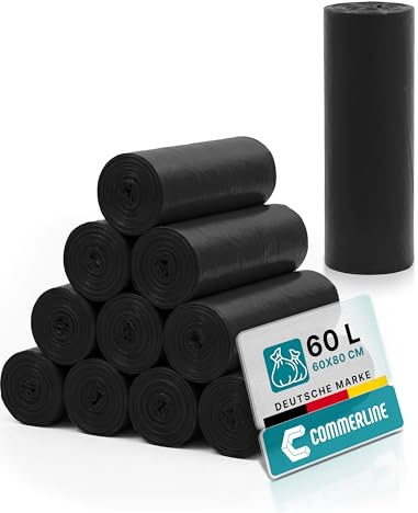Commerline Müllsäcke 60 L, 5 Rollen, Müllbeutel, Mülltüten | Schwarz, 60 × 80 cm, reißfest, für Haushalt, Büro, Gewerbe, Gastronomie & Industrie, für den täglichen Gebrauch