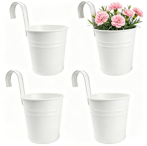 4 Stück Blumentopf Hängend Metall mit Abnehmbarem Haken & Drainagelöchern | 16cm Robuste Hängetopf, Weiß Hängende Blumentöpfe für Balkon, Garten, Geländer, Große Hängeblumentöpfe für Innen & Außen