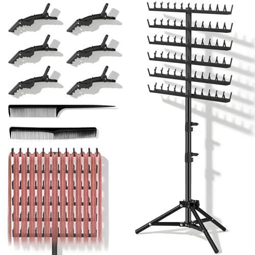 Soporte Extensiones Ajustable con 144 Ganchos, 6 Pinzas y 2 Peines, Altura Ajustable y Plegable Trípode Trenzas Doble Cara para Peluqueros, Especialistas Trenzas y Especialistas Extensiones