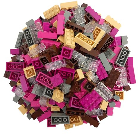 Q-Bricks Bausteine Box Spezialmischung | 300 Grundbausteine in 5 Formen | Farben: Sandgelb, Nussbraun, Steingrau, Verkehrsviolett, Magenta und Transparent | Verpackt in Einer wiederverwendbaren Box