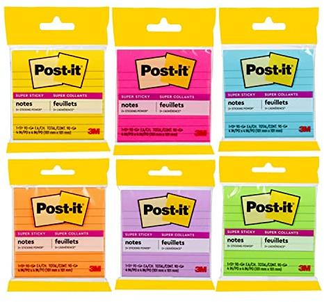 3M 7100094851 Post-it Super Sticky Note, 90 Sheets, Neon, Pack of 6