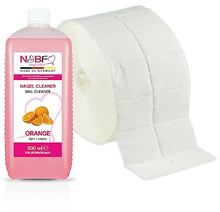 NAILS FACTORY | N&BF Nagel Cleaner Set mit Duft 500ml + 1000 Zelletten Cellulose Pads (2 Rollen à 500 Stück) - 70% Isopropanol-Alkohol – für Gelnägel – Nagelreiniger – in Studioqualität (Orange)