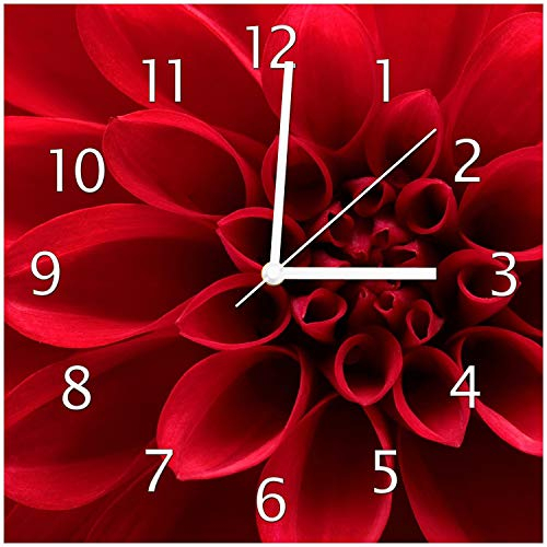 Wallario Design-Wanduhr Rote Dahlienblüte in Nahaufnahme aus Glas, Motiv-Uhr Größe 30 x 30 cm, weiße Zeiger