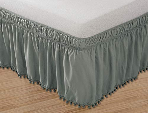 Elegant Comfort Top-Knot Jupe de lit élastique à Franges à Pompons, Infroissable, Hauteur de 40,6 cm, pour lit Queen/King, Gris