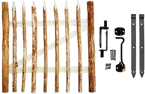 BOGATECO Zauntor Haselnuss | Breite: 100cm | Höhe 100cm | Abstand zwischen den Zaunlatten 6-7 cm | Gartentor aus Holz für Staketenzaun Gartenzaun | mit Scharniere inkl. Zubehör | Türöffnung nach links