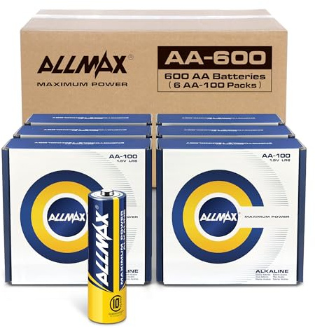 Allmax Maximum Power - Batterie alcaline AA (600 pezzi, 6 confezioni da 100), ultra lunga durata, design anti-perdita, durata di conservazione di 10 anni, prestazioni massime (1,5 V)