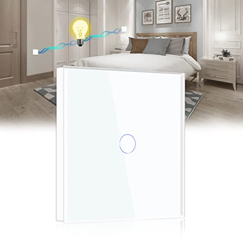 BSEED Touch Light Switch 1 Gang 2 Way, Tempered Glass Panel Light Switches with LED Indicator, White Touch Sensitive Light Switch-No Neutral Wire