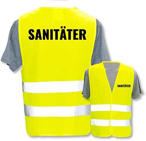 Bedruckte Marken-Warnwesten mit Leuchtstreifen * Standard- o. Reflex-Druck * Einsatzkräfte, Warnweste Begriffe Einsatzkräfte:Sanitäter, Farbe + Größe:Gelb (XL/XXL)