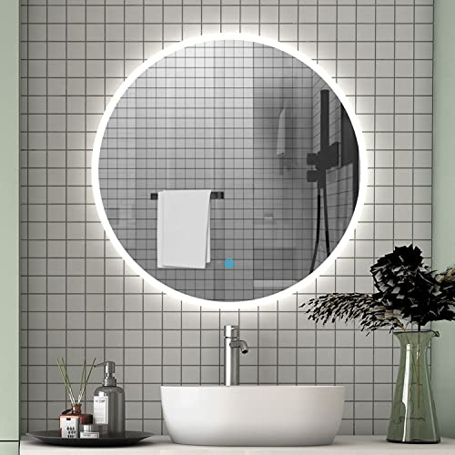 Aica Sanitär LED Badspiegel rund 80 cm Touch Beschlagfrei Wandspiegel mit Beleuchtung Lichtspiegel Alpha Serie