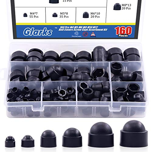 Glarks 160Pcs Black Bolt Covers Screw Caps Assortment Kit, M4 M5 M6 M8 M10 M12 Nylon Acorn Dome Protection Caps for Protecting Hexagon shaped Screws Bolts (Black)