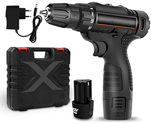 POOPFIY Cordless Drill Driver 12V-Max Li-Ion Combi Drill in Carry Case,LED Work Light, Quick Change Battery And Charger Included,SET2