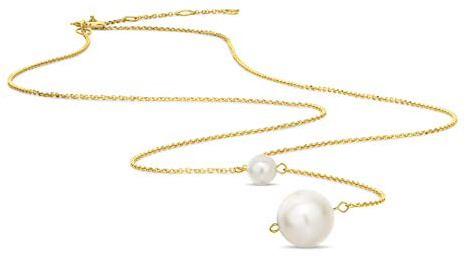 OROVI Schmuck Damen Halskette Gelbgold mit Kettenanhänger 2 runde weiße Süßwasserperlen 8.5 mm Kette aus 14 Karat (585) Gold, Länge Einstellbar 42-45cm