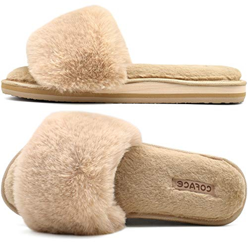 COFACE plyschtofflor dam päls tofflor mysiga tofflor damer tofflor sommar vinter badskor puscher för kvinnor tofflor, Plysch beige, 41 EU