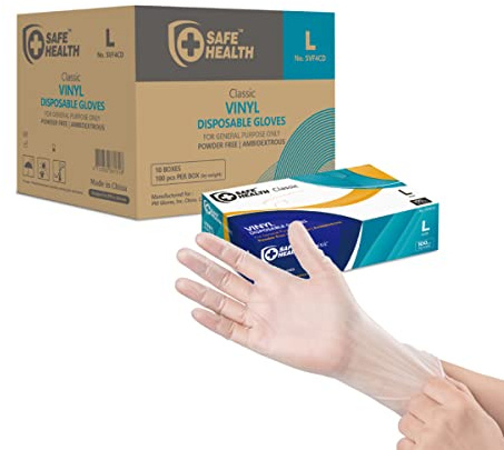 Safe Health Vinyl Disposable Gloves, Latex Free, Powder Free, Clear, Case of 1000, Large, 3.5 mil, Food, Cleaning, Salon, Service, Office, Household, Daily