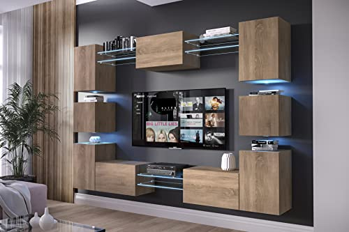 Furnitech Wohnwand Wohnzimmer | Moderner Wohnzimmerschrank mit LED RGB - 16 Farben | Groß, Wandhalterung, Matt, LED RGB 16 Farben