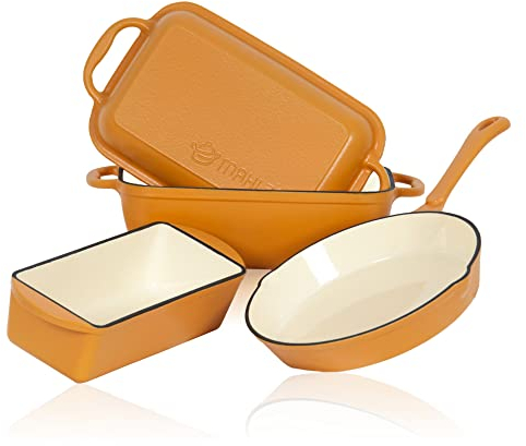 Mahlzeit Juego de Utensilios de Cocina de Hierro Fundido Esmaltado Sunny Orange | 3 Piezas | Ø 24 cm, 1,6 Litros, 4,8 Litros | Cazuela, Sartén y Asador con Tapa | Ollas de Cocina Esmaltadas