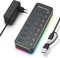 Hub USB 3.0 Alimentato, RSHTECH Alluminio Hub USB 3.0 con 7 Porte, 14 Modalità di Illuminazione RGB, Alimentatore 5V/4A, Interruttore Touch e Cavo Dati (tipo A/C), Hub USB di Gioco Luminosi, RSH-518R