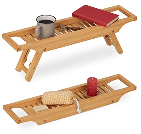 Relaxdays Vassoio per Vasca da Bagno, in bambù, Regolabile in Altezza, Mensola con Ripiano per Sapone e Libro, Naturale, 2,5 x 47 x 11 cm
