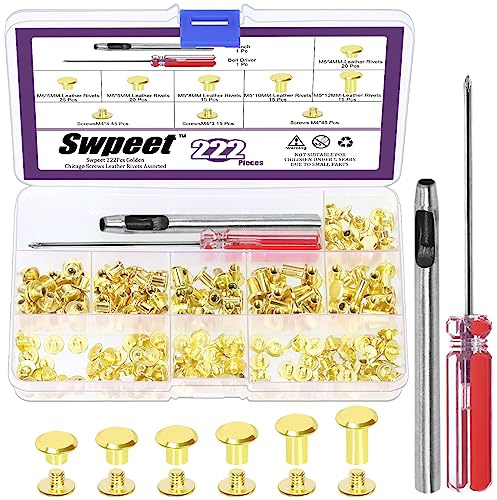 Swpeet M5 Chicago Screws 110 Set 6-Größen M5 x 4mm/5mm/6mm/8mm/10mm/12mm Gold Leder Nieten Chicago Bindeschrauben mit Installationswerkzeugen Sortiment Kit