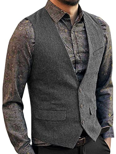 KJDWJKJRF Tuta da uomo, slim fit, abito in lana, con scollo a V, per testimoni di nozze, gilet da uomo con colletto alto, doppio petto, gilet da uomo, slim fit, business party, grigio scuro, XXL