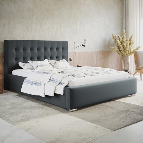 MOTIVENA Deli Bett 180x200 Grau Samt, mit Stauraum, mit Kopfteil, mit Lattenrost, mit Füßen, ohne Matratze, Polsterbett 180x200 mit Bettkasten Grau (Anthrazit)