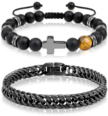 CheersLife Pulsera Hombre 2 Piezas Negro Pulsera de Eslabones Cubanos Pulsera Acero Inoxidable Pulsera para Hombre de Piedra Natural ojo de Tigre Onix Pulsera Cruz Pulsera de Cuentas para Hombres