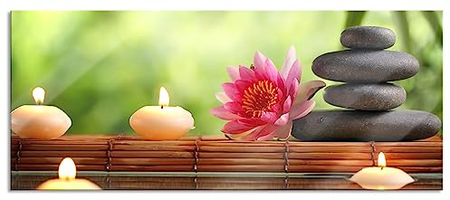 Pixxprint Glasbild Panorama, Wandbild aus Echtglas, Seerose mit Zen Steinen im Tempel, 120x50 cm, inkl. Aufhängung und Abstandshalter