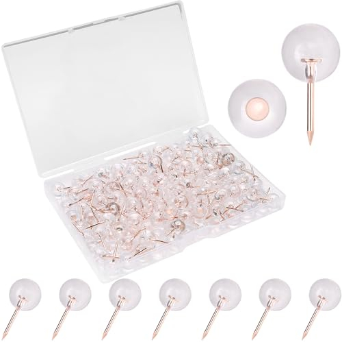150 Stück transparente Pinnnadeln, Kunststoff Pinnnadeln, geeignet für Büroposter, Postkarten, Wandbehänge, Pinnwände, Korktafeln (rotgoldener großer Kopf)