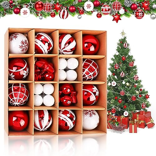 QKURT 42 Pcs Christmas Ball Decorations - 6cm Shatterproof Hanging Baubles Ornaments for Xmas Tree, Christmas Party Decoration Set (Red,White)