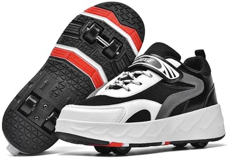 OBABO Rollers Schuhe mit 4-Rollen, Skateboardschuhe Sportschuhe Jungen Mädchen, 2 in 1 Rollschuhe Outdoor-Laufschuhe Sportschuhe Gymnastik Turnschuhe,Black-39